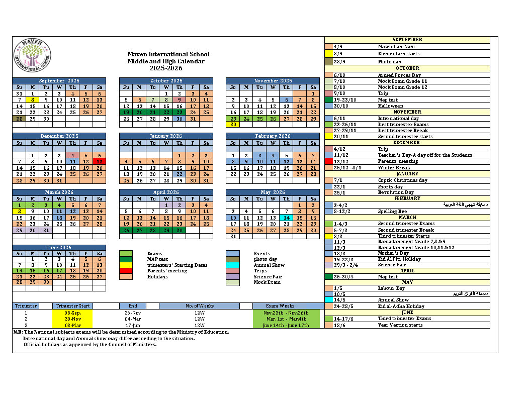 Middle and High Calendar